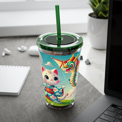 Geisha Kitten and the Dragon Kite Sunsplash Tumbler with Straw, 16oz
