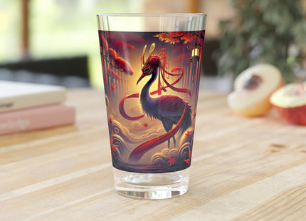 Regal Crimson Crane in the Autumn Mist Glass, 16oz