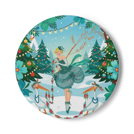 🦩🎄 The Lady Of The Christmas Garland Birds Ceramic Coaster – Whimsical Art Deco Holiday Fantasy