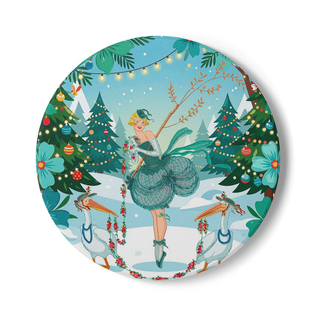 🦩🎄 The Lady Of The Christmas Garland Birds Ceramic Coaster – Whimsical Art Deco Holiday Fantasy