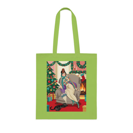 🔥🎄 The Lady Of The Christmas Hearth Cotton Tote Bag – Art Deco Holiday Warmth