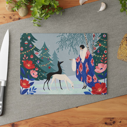 🦌🌲 The Lady Of The Christmas Forest Glass Cutting Board – Art Deco Holiday Elegance