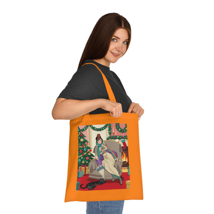 🔥🎄 The Lady Of The Christmas Hearth Cotton Tote Bag – Art Deco Holiday Warmth
