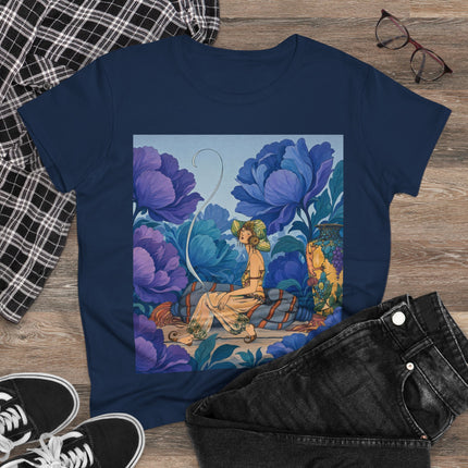 💙🌸 The Lady Among The Blue Blossoms Cotton Tee – Art Deco Floral Reverie