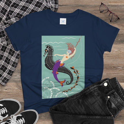 Mermaid on Seahorse Women's Midweight Cotton Tee – Dreamy Ocean Fantasy