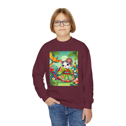 Parrot Dance of the Geisha Kitten Youth Crewneck Sweatshirt – Color, Rhythm & Joyful Expression