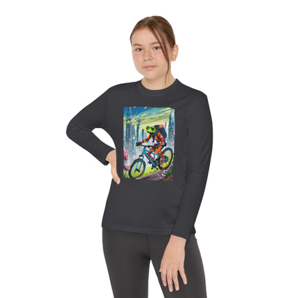 Cyberpunk Frog Youth Long Sleeve Competitor Tee – Neon Trails & Futuristic Adventure