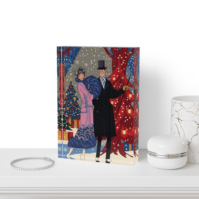 🎩🎄 Christmas Eve Promenade Acrylic Art Block – Art Deco Holiday Elegance