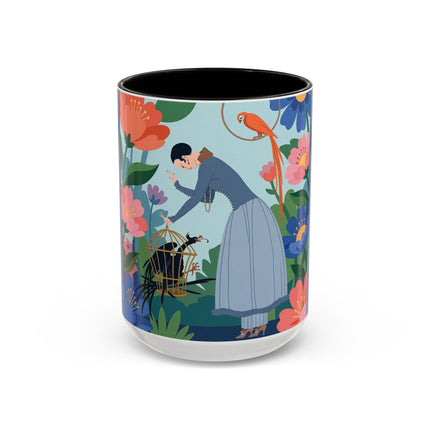 The Lady And The Mysterious Bird Colorful Mugs – Art Deco Botanical Mystery
