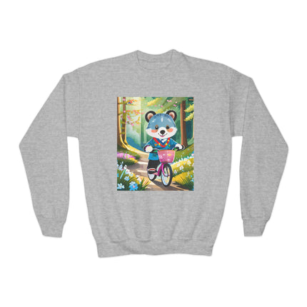 Furry Cyclist Youth Crewneck Sweatshirt – Playful Adventure on Two Wheels