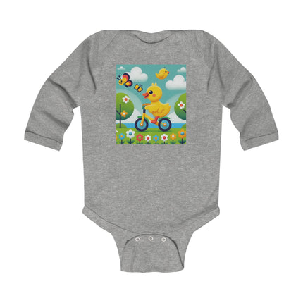 Duckling Riding a Bike Baby Long Sleeve Bodysuit – Whimsical Duck Garden Adventure Design