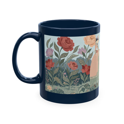 🐈🥾 The Lady & Puss In Boots In The Flower Garden Ceramic Mug – Art Deco Storybook Whimsy