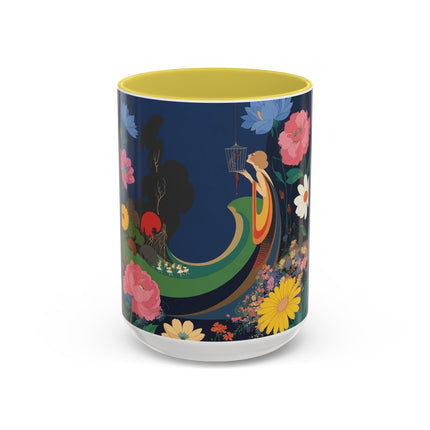 The Lady And The Crimson Moonbird Colorful Mugs – Art Deco Whimsical Garden Elegance