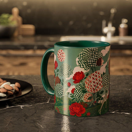 🌹💚 The Scarlet Rose Checkerboard Garden Colorful Mug – Art Deco Floral Whimsy