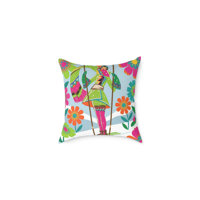 🌸⛷️ The Winter Flower Adventurer Square Pillow – Colorful Winter Ski Fantasy
