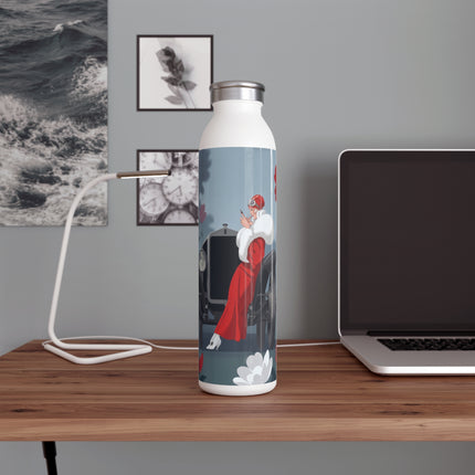🚗🌺 The Lady Of The Grand Touring Car Slim Water Bottle – Art Deco Motoring Elegance
