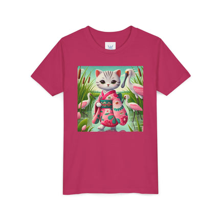 Geisha Kitten Strolls Among the Spoonbills Youth Short Sleeve Tee