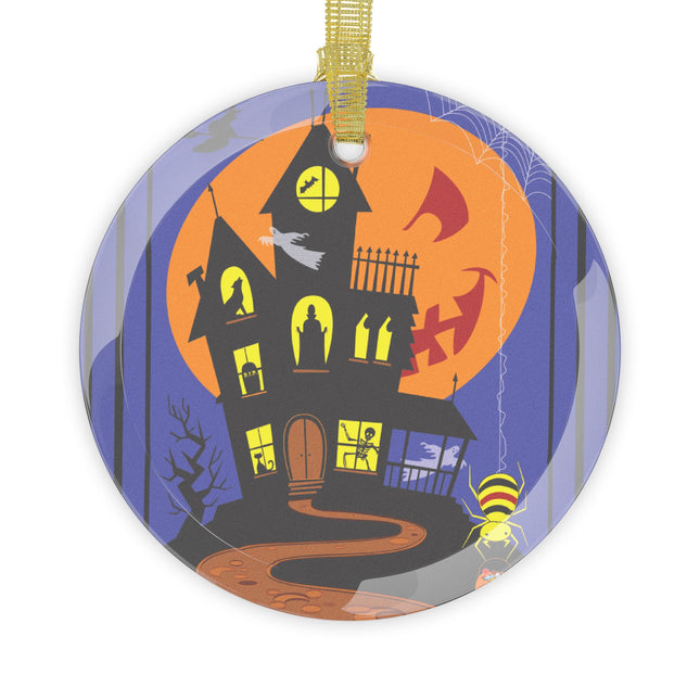 Halloween Night at the Haunted House Glass Ornament