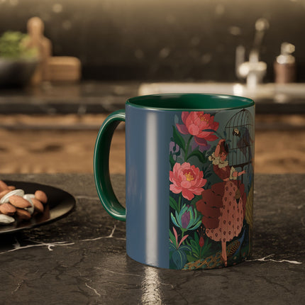 The Ladies And The Enchanted Macaw Colorful Mugs – Art Deco Botanical Elegance