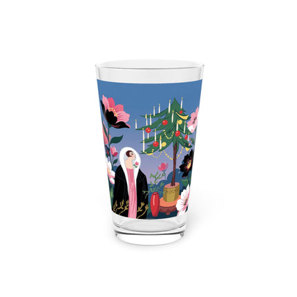 🌹🎄 The Lady Of The Candlelit Rose Tree Pint Glass – Art Deco Christmas Garden