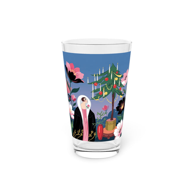 🌹🎄 The Lady Of The Candlelit Rose Tree Pint Glass – Art Deco Christmas Garden