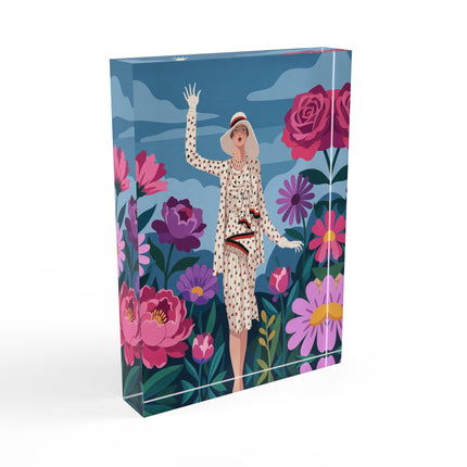 🌸👒 The Lady Of The Grand Flower Garden Acrylic Art Block – Art Deco Fashion Illustration