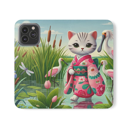 🦩🌸 Geisha Kitten Strolls Among the Spoonbills Flip Case – Serene Grace & Marshland Wonder