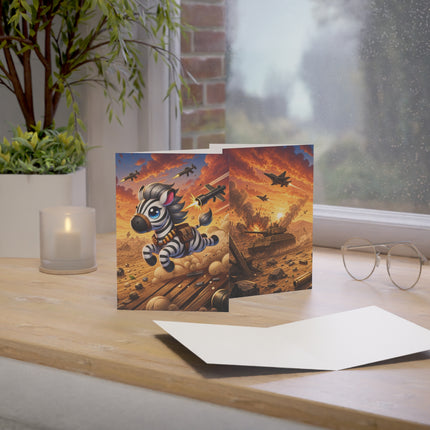 🦓💥 The Little Zebra Battlefield Dash Greeting Card – Whimsical Animal Adventure