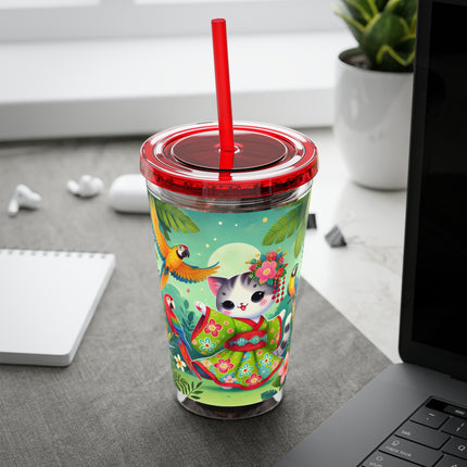 Parrot Dance of the Geisha Kitten Sunsplash Tumbler with Straw, 16oz