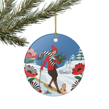 🎿🎄 The Christmas Holly Skier Ceramic Ornament – Whimsical Holiday Fantasy