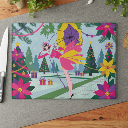 🌂✨ The Lady Of The Enchanted Christmas Garden Glass Cutting Board – Art Deco Holiday Fantasy