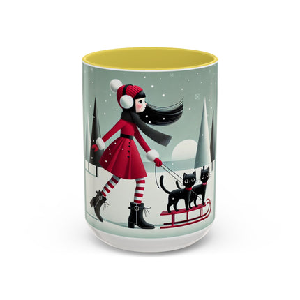 Red Sled & Curious Cats Colorful Mugs (11oz, 15oz)