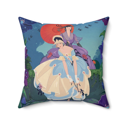 👒🌺 The Ladies Of The Enchanted Garden Stroll Square Pillow – Art Deco Floral Elegance