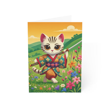 🐱🌼 The Wildflower Samurai Kitten Greeting Card – Whimsical Warrior Adventure