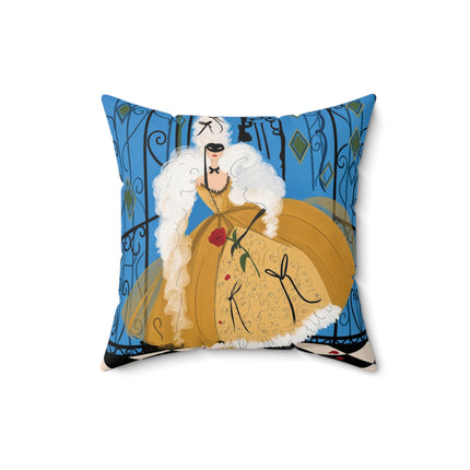 🎭🌹 The Lady At The Masquerade Gates Square Pillow – Art Deco Fashion Illustration