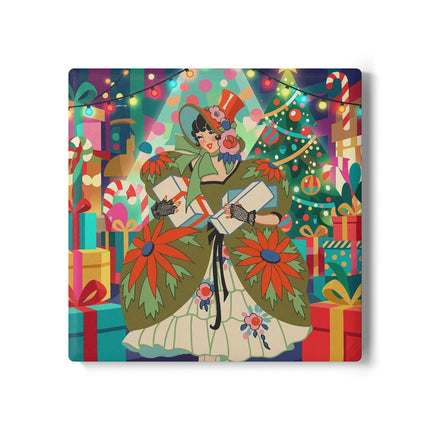 💌🎄 The Christmas Card Belle Ceramic Tile – Colorful Art Deco Holiday Fantasy