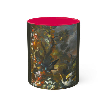 Still Life With Birds Beside An Ornate Fountain by Nicola Casissa Colorful Mugs, 11oz