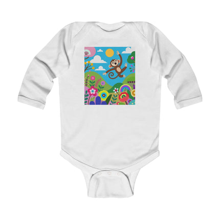 Playful Young Monkey Baby Long Sleeve Bodysuit – Whimsical Jungle Adventure Design