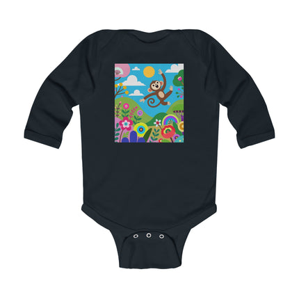 Playful Young Monkey Baby Long Sleeve Bodysuit – Whimsical Jungle Adventure Design