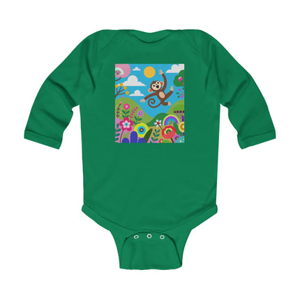 Playful Young Monkey Baby Long Sleeve Bodysuit – Whimsical Jungle Adventure Design