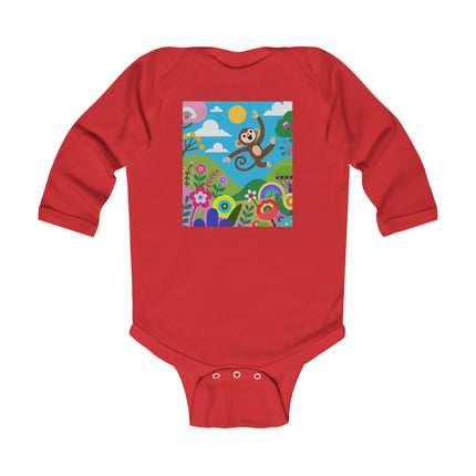 Playful Young Monkey Baby Long Sleeve Bodysuit – Whimsical Jungle Adventure Design