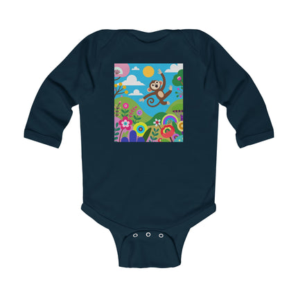 Playful Young Monkey Baby Long Sleeve Bodysuit – Whimsical Jungle Adventure Design