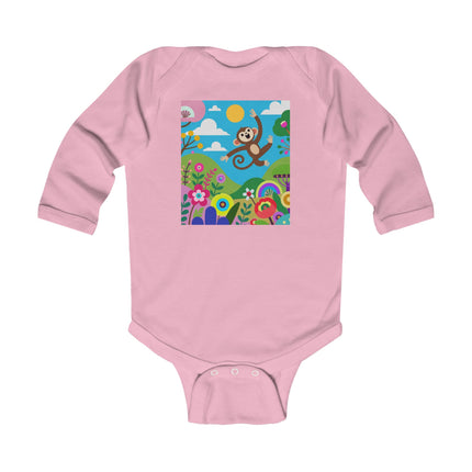 Playful Young Monkey Baby Long Sleeve Bodysuit – Whimsical Jungle Adventure Design
