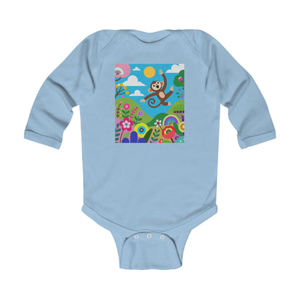 Playful Young Monkey Baby Long Sleeve Bodysuit – Whimsical Jungle Adventure Design