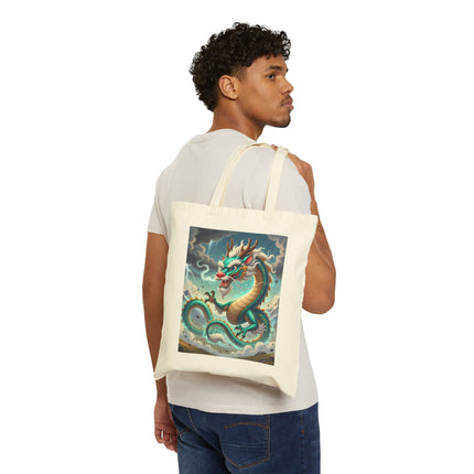 The Tibetan Dragon in Battle Cotton Canvas Tote Bag – Power, Motion & Mythic Energy