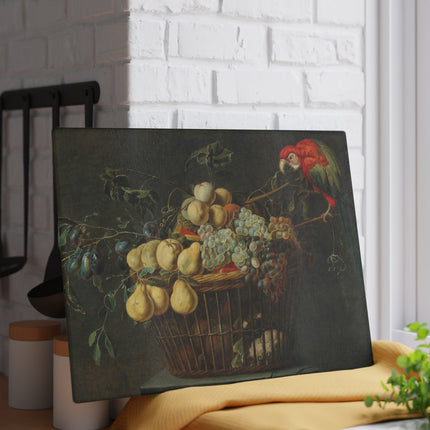 Still Life of a Basket of Fruit with a Parrot by Adriaen Van Utrecht Glass Cutting Board