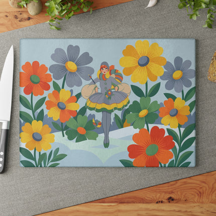 🌼❄️ The Lady Of The Winter Flower Garden Glass Cutting Board – Art Deco Holiday Fantasy
