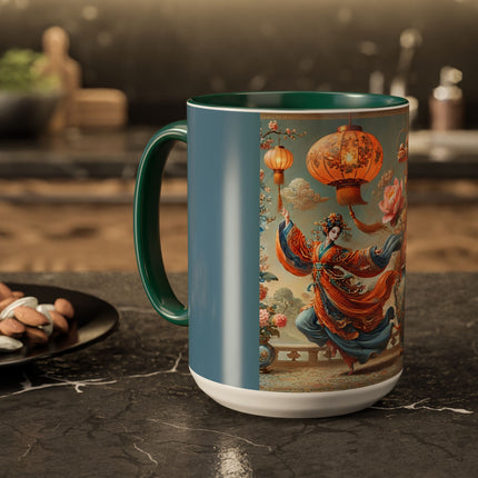 Golden Dragon & Lantern Lady Colorful Mug – Imperial Dragon & Elegant Harmony