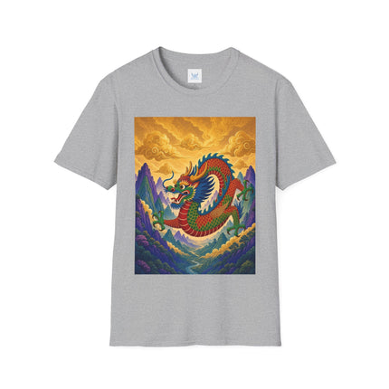 🐉🌄 The Golden Sky Dragon Softstyle T-Shirt – Mystical Mountain Fantasy