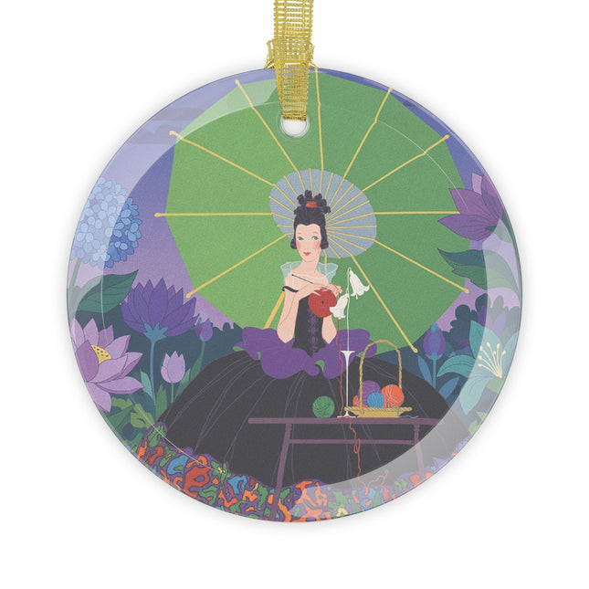 🧵🌙 The Lady Of The Moonlit Needlework Glass Ornament – Art Deco Crafting Elegance
